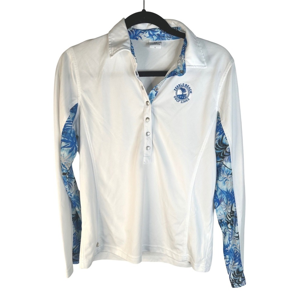 Daily Sports Womens White Blue Tropical Pebble Beach Long Sleeve Polo Golf Shirt